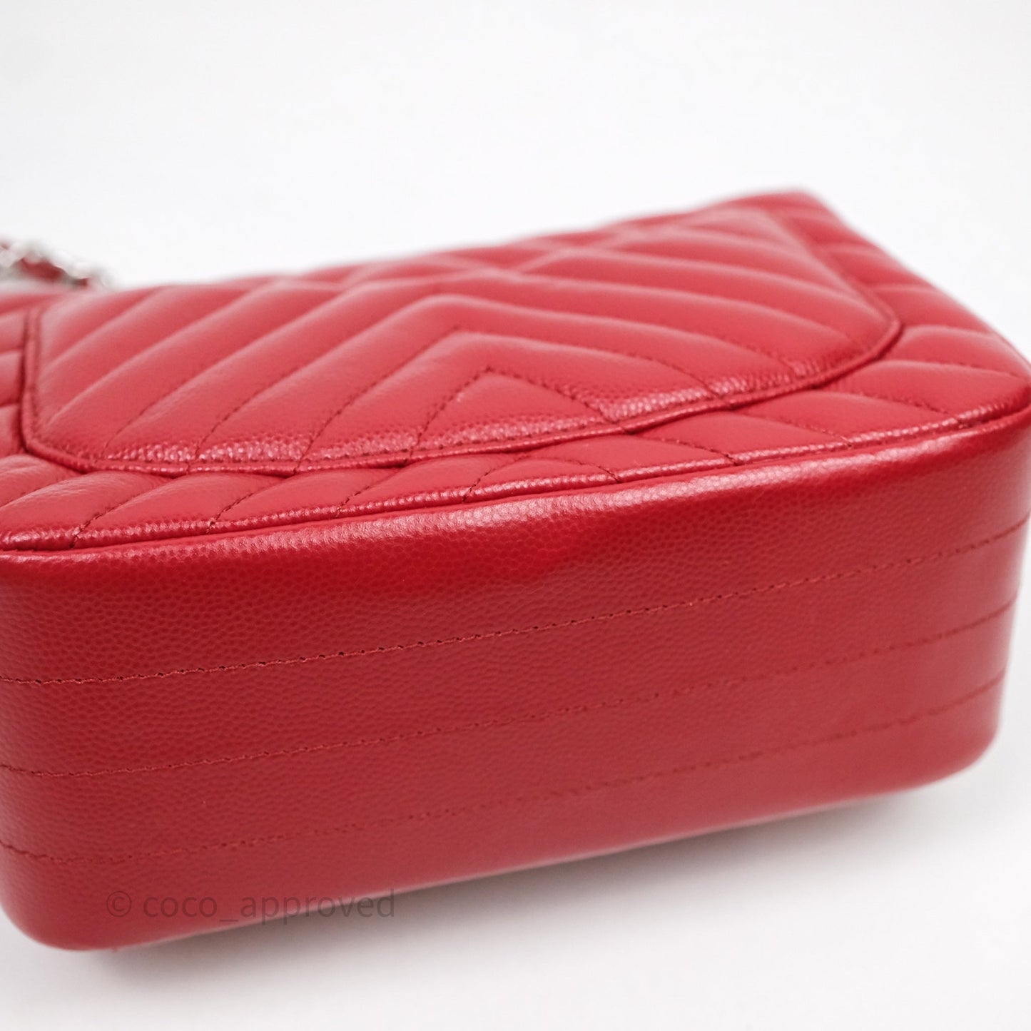 Chanel Mini Square Chervon Red Caviar Silver Hardware
