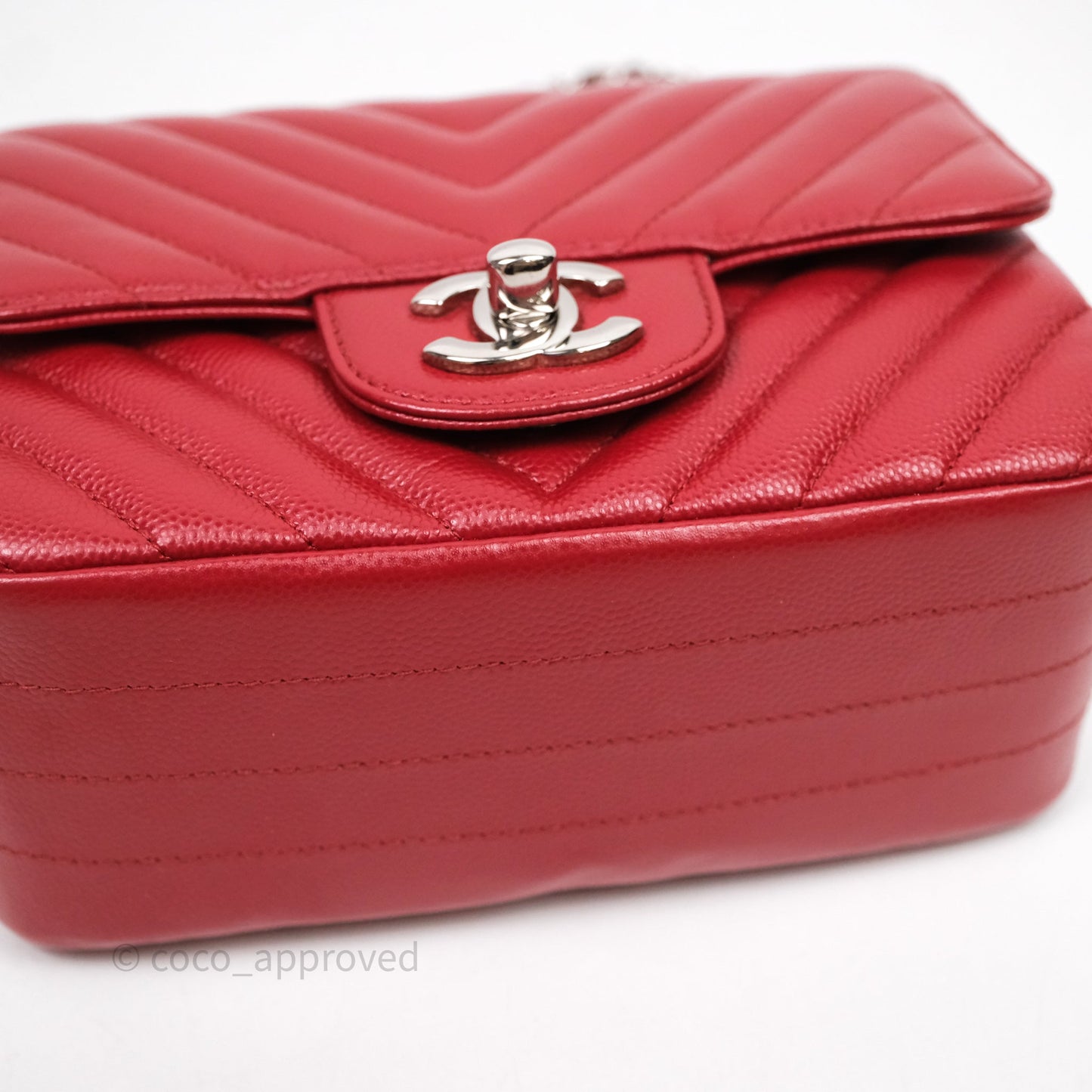 Chanel Mini Square Chervon Red Caviar Silver Hardware