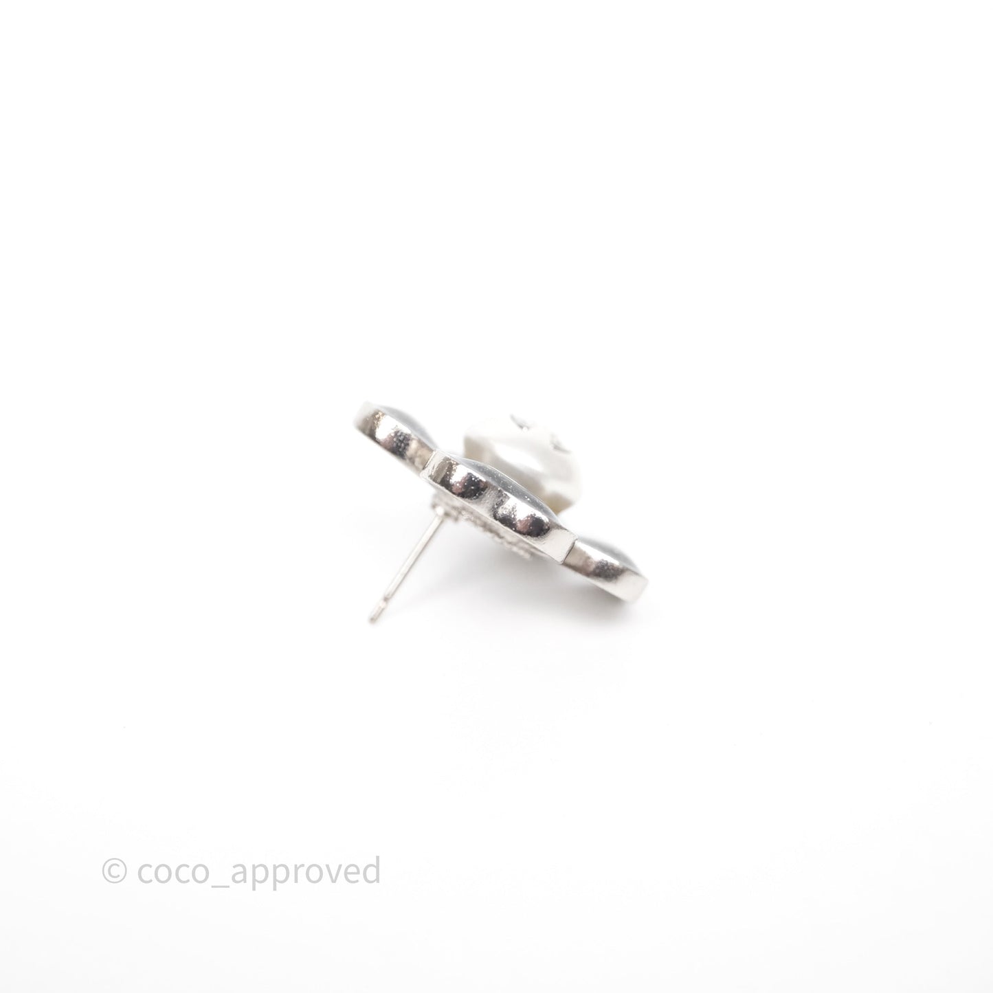 Chanel CC Pearl Black Flower Earrings Silver Tone 21B