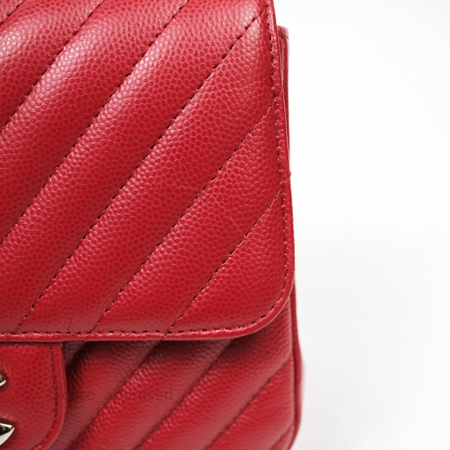 Chanel Mini Square Chervon Red Caviar Silver Hardware