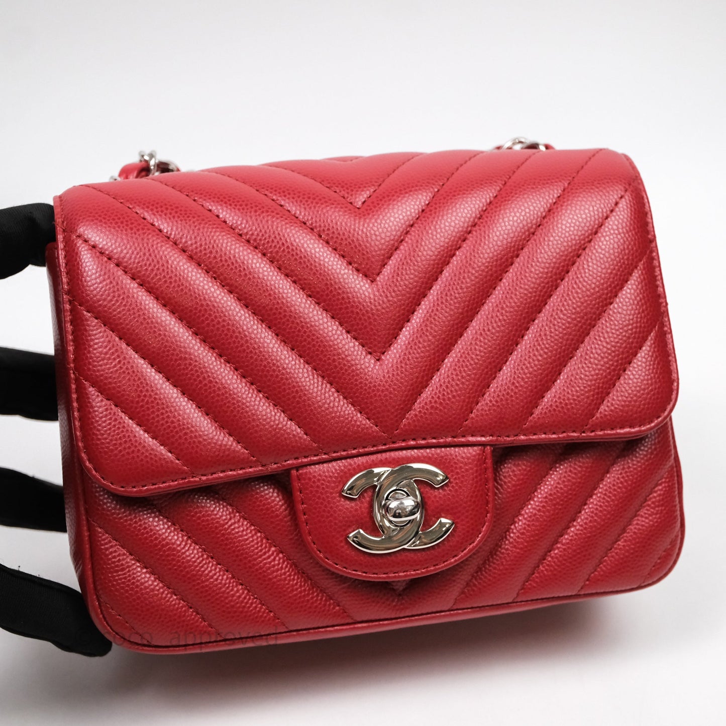 Chanel Mini Square Chervon Red Caviar Silver Hardware