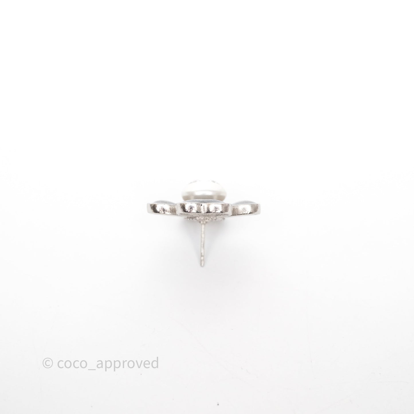 Chanel CC Pearl Black Flower Earrings Silver Tone 21B