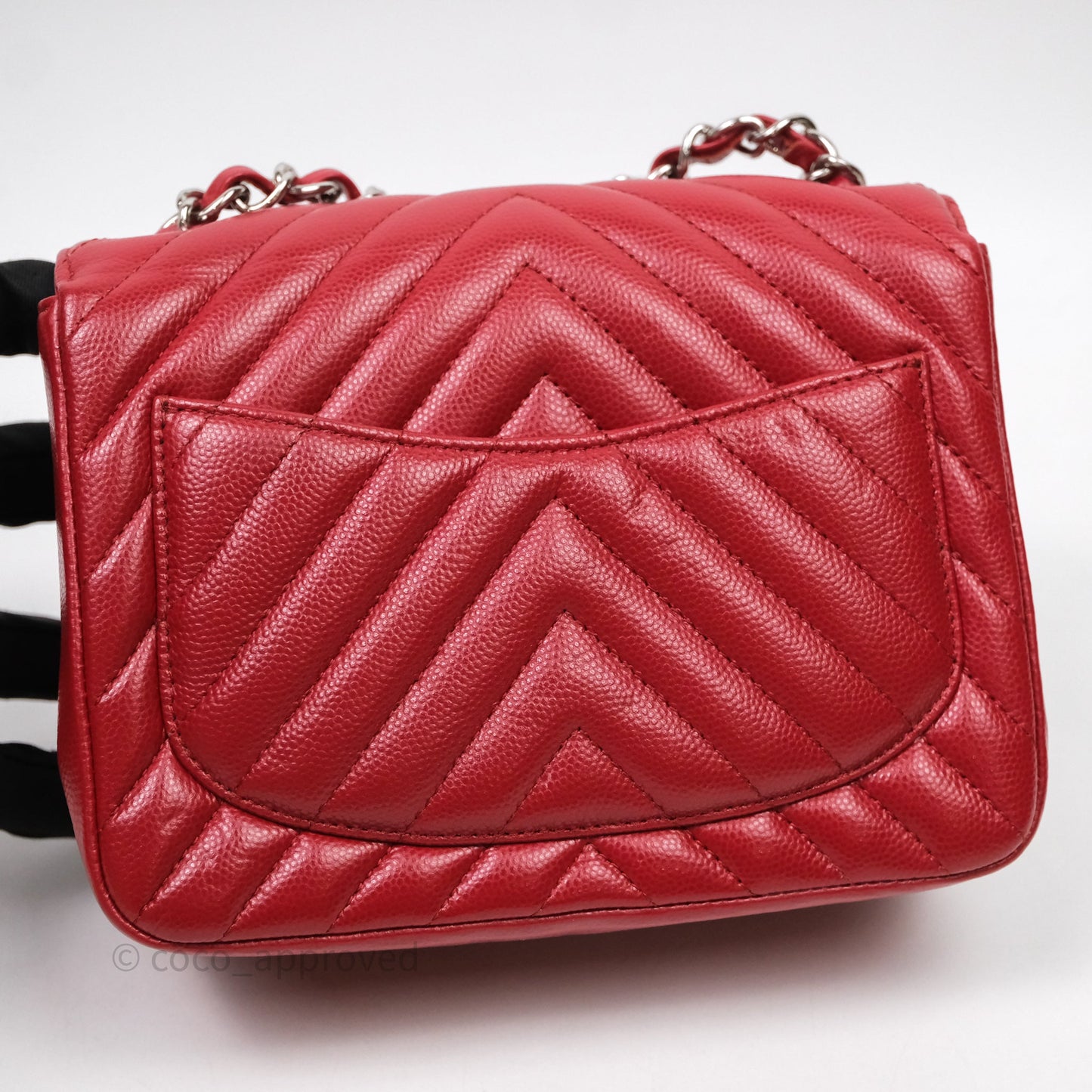 Chanel Mini Square Chervon Red Caviar Silver Hardware