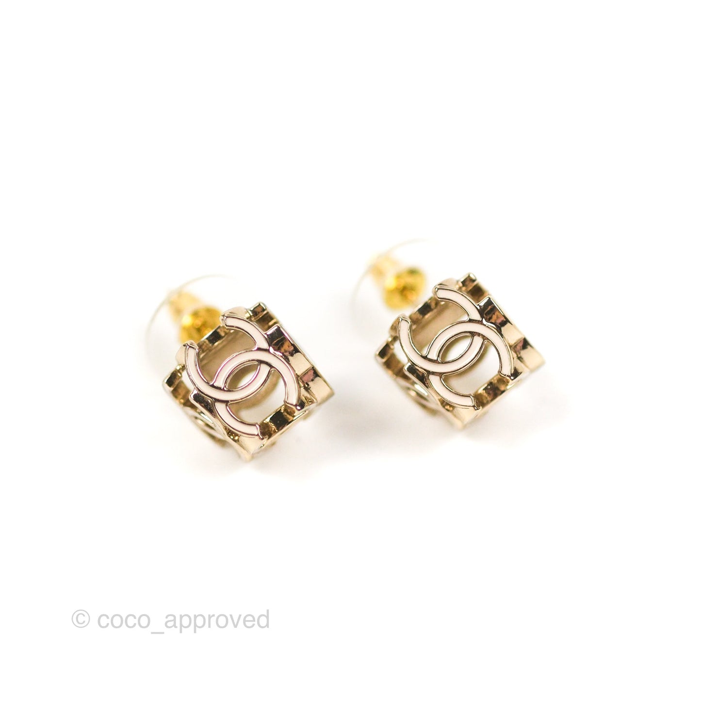 Chanel CC Gold/White Cube Earrings Gold Tone 22K