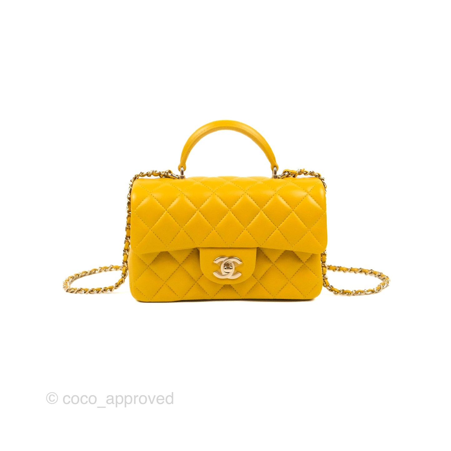 Chanel Top Handle Mini Rectangular Flap Bag Mustard Yellow Lambskin Gold Hardware