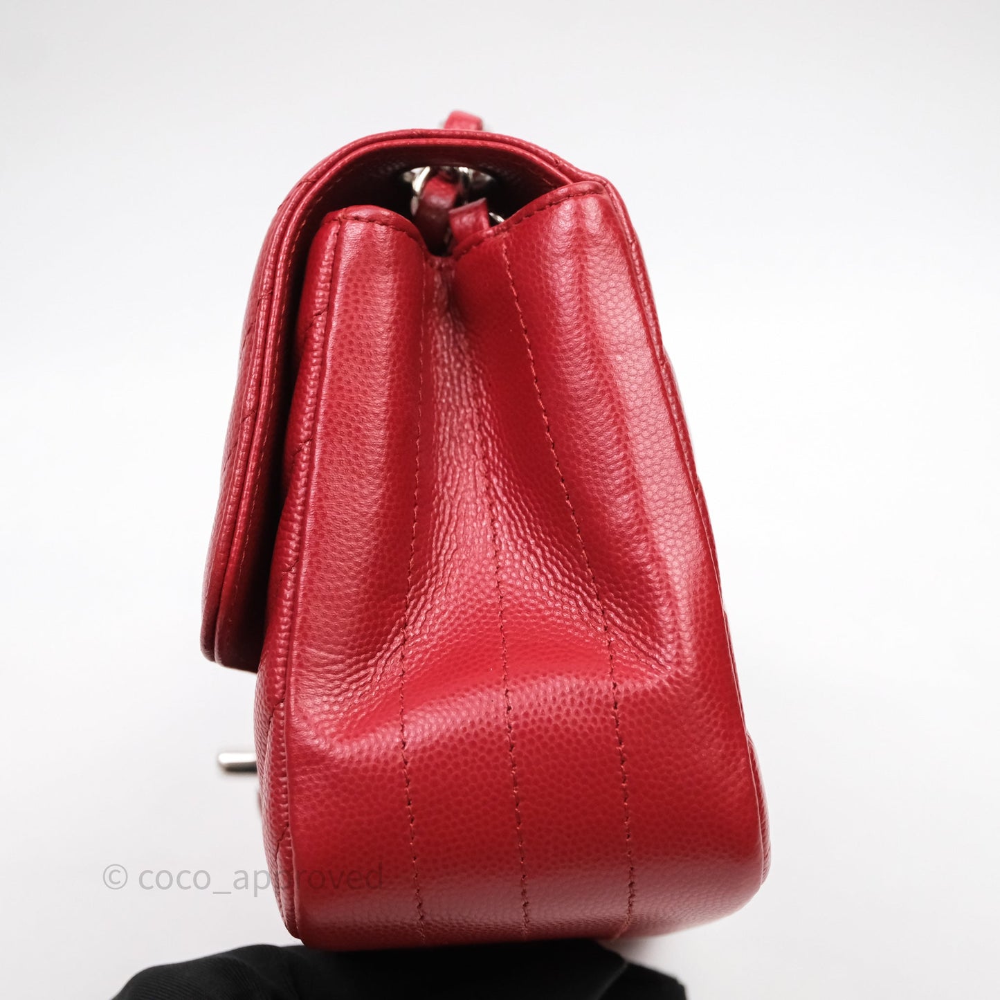 Chanel Mini Square Chervon Red Caviar Silver Hardware