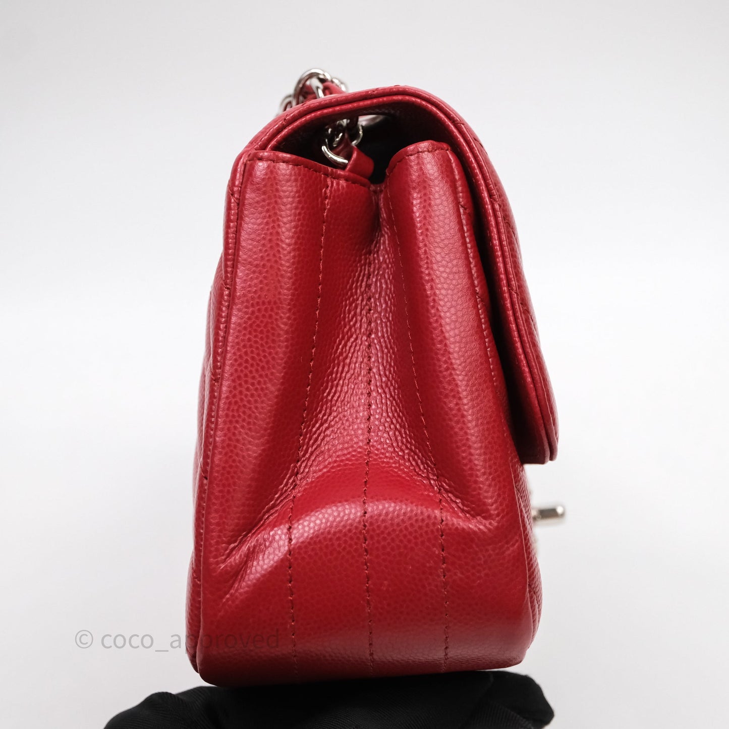 Chanel Mini Square Chervon Red Caviar Silver Hardware