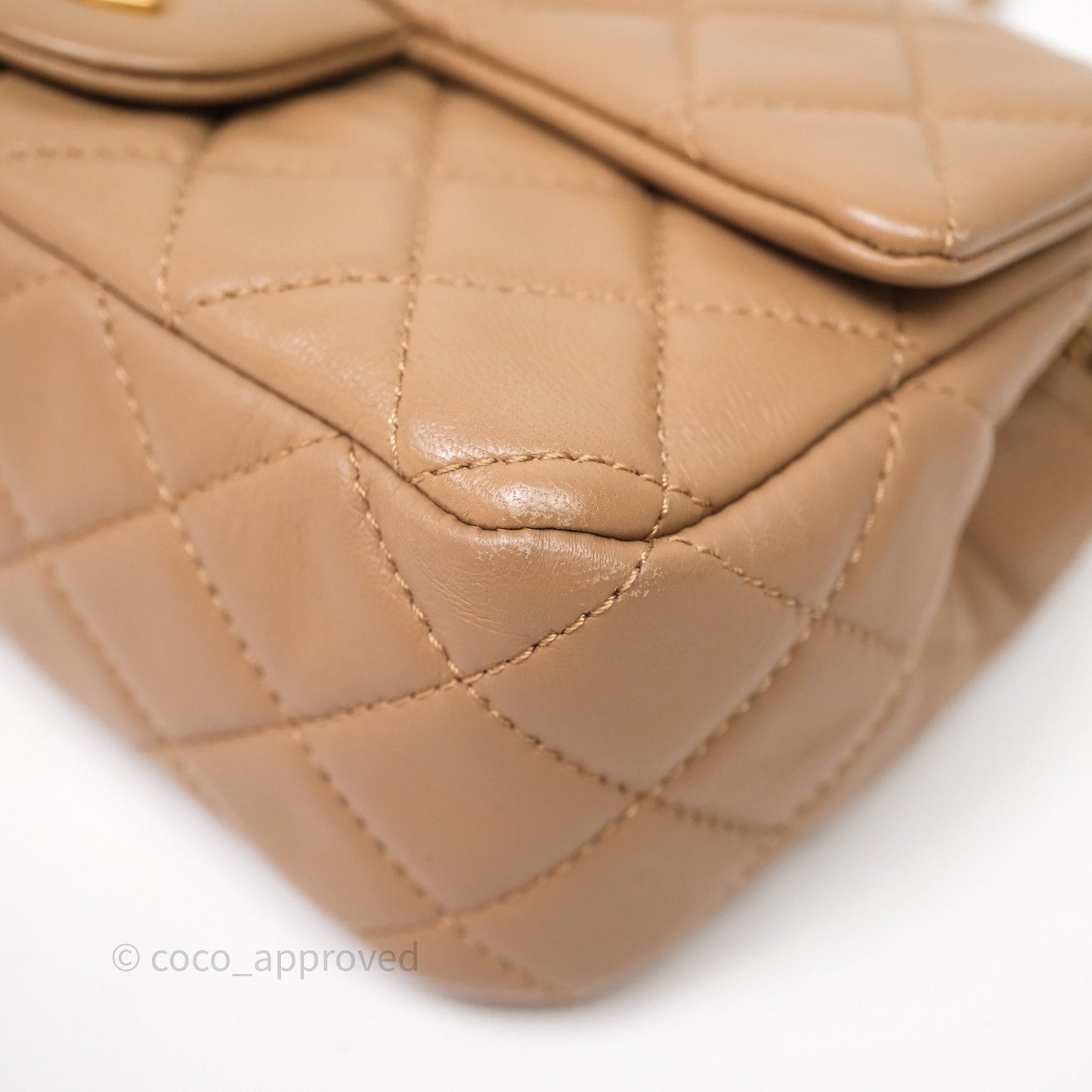 Chanel Mini Rectangular Pearl Crush Quilted Dark Beige Lambskin Aged Gold Hardware