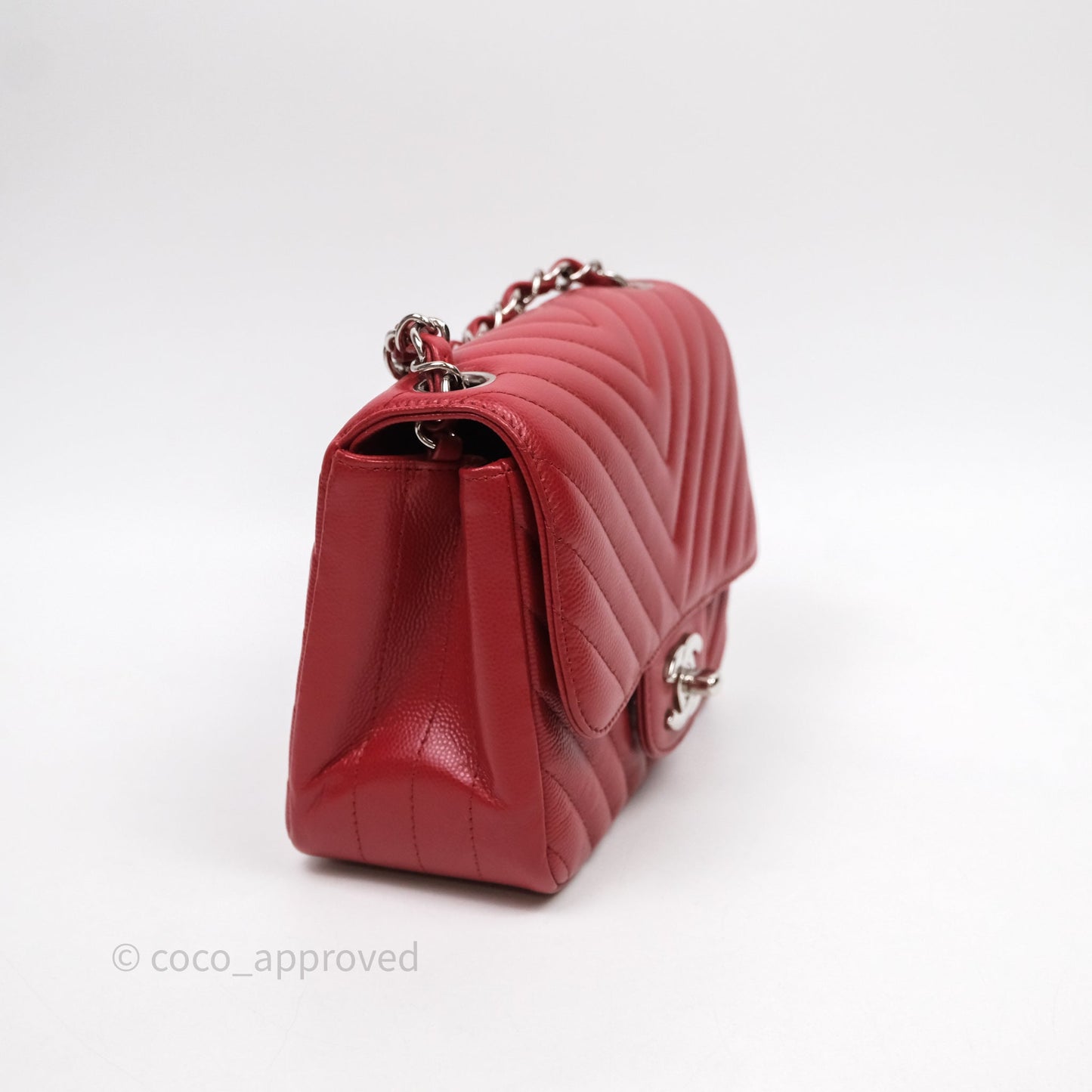 Chanel Mini Square Chervon Red Caviar Silver Hardware