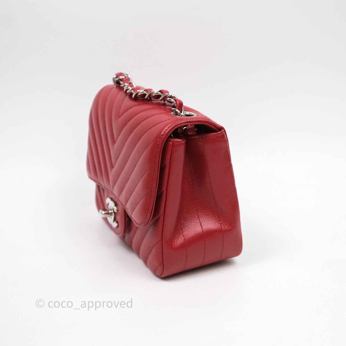 Chanel Mini Square Chervon Red Caviar Silver Hardware