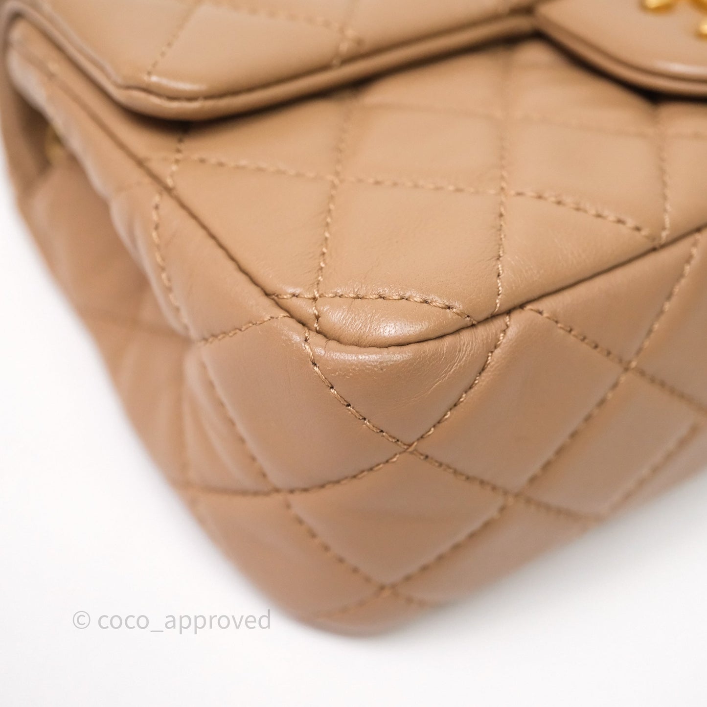 Chanel Mini Rectangular Pearl Crush Quilted Dark Beige Lambskin Aged Gold Hardware