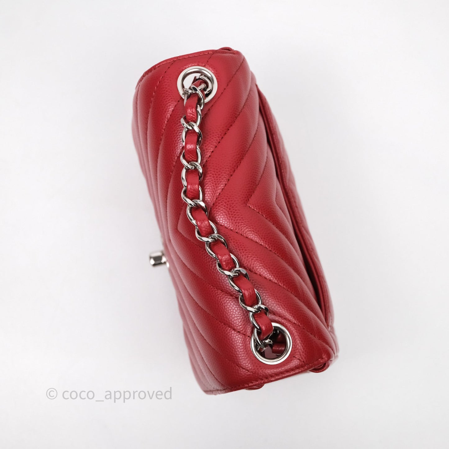 Chanel Mini Square Chervon Red Caviar Silver Hardware