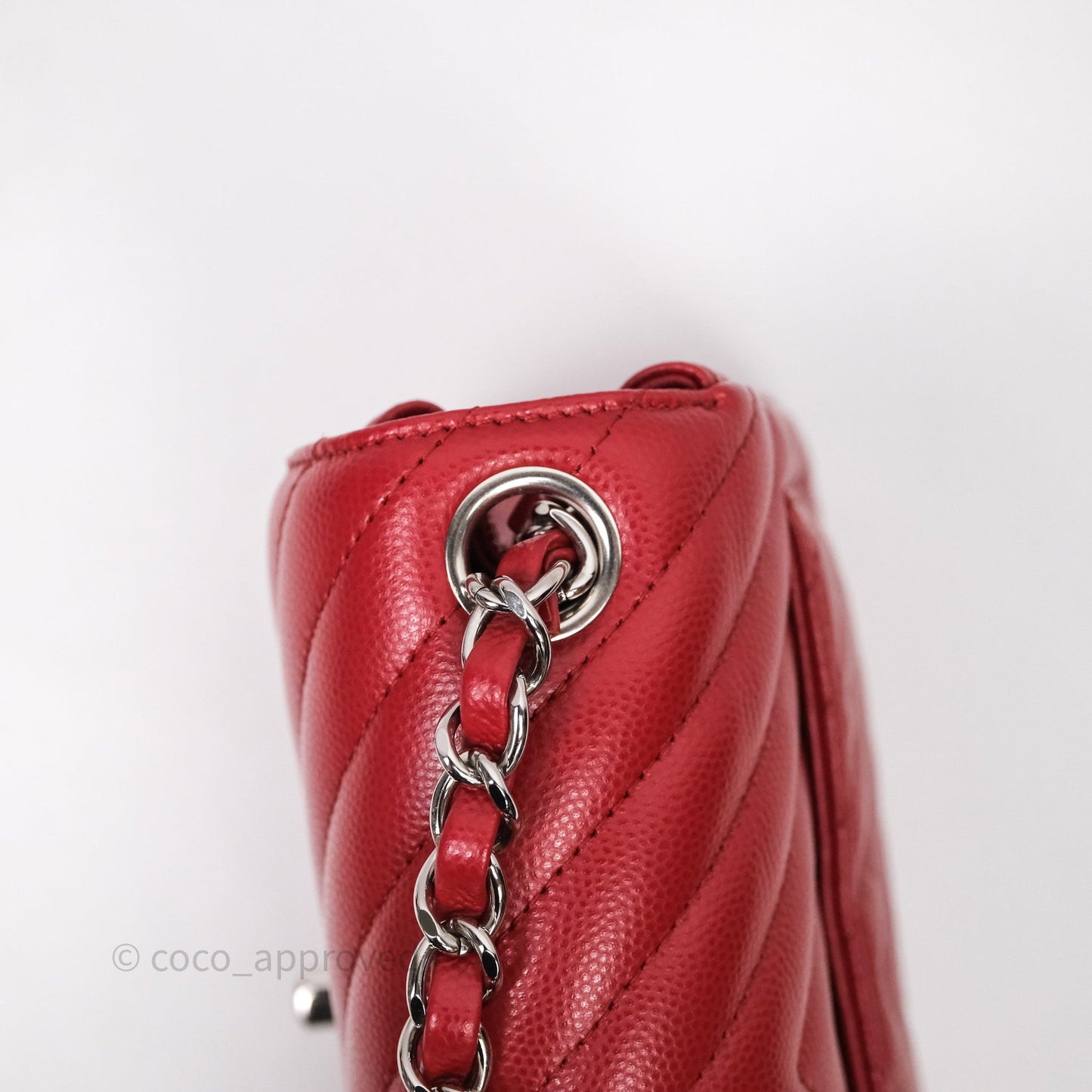 Chanel Mini Square Chervon Red Caviar Silver Hardware