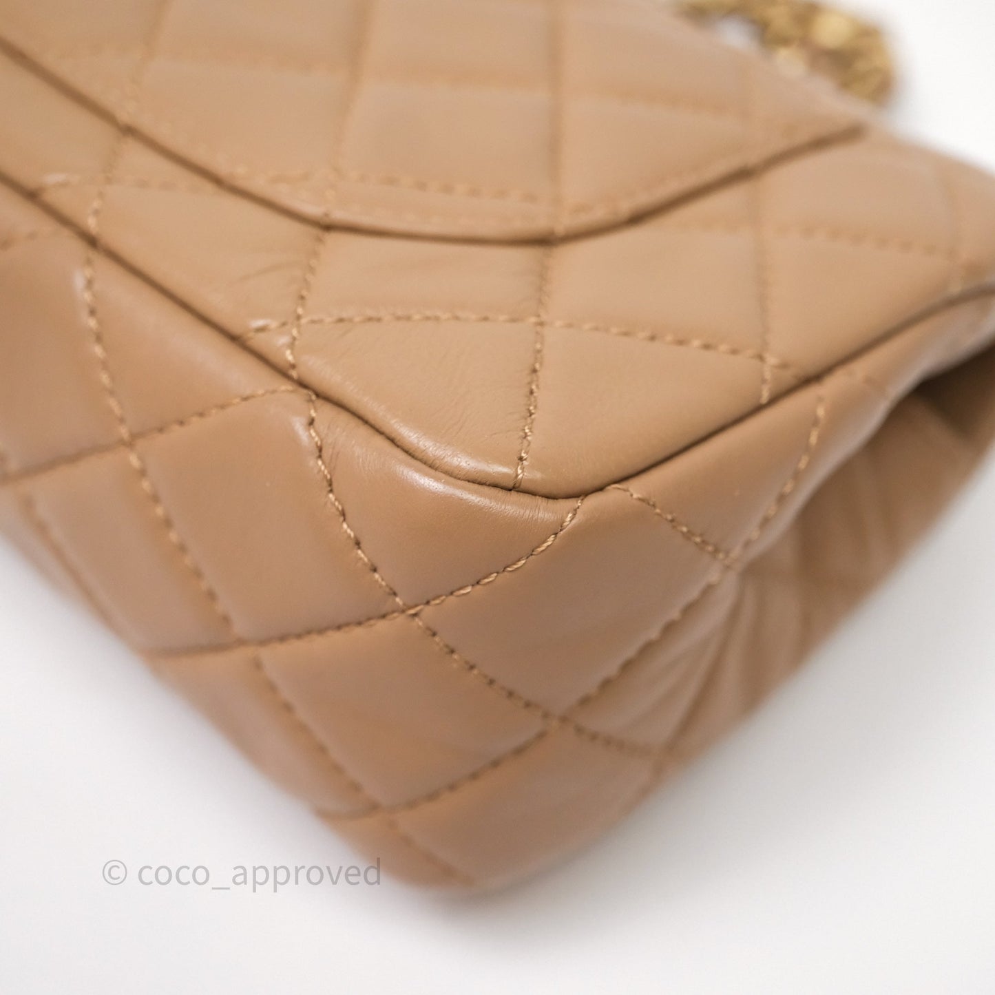 Chanel Mini Rectangular Pearl Crush Quilted Dark Beige Lambskin Aged Gold Hardware