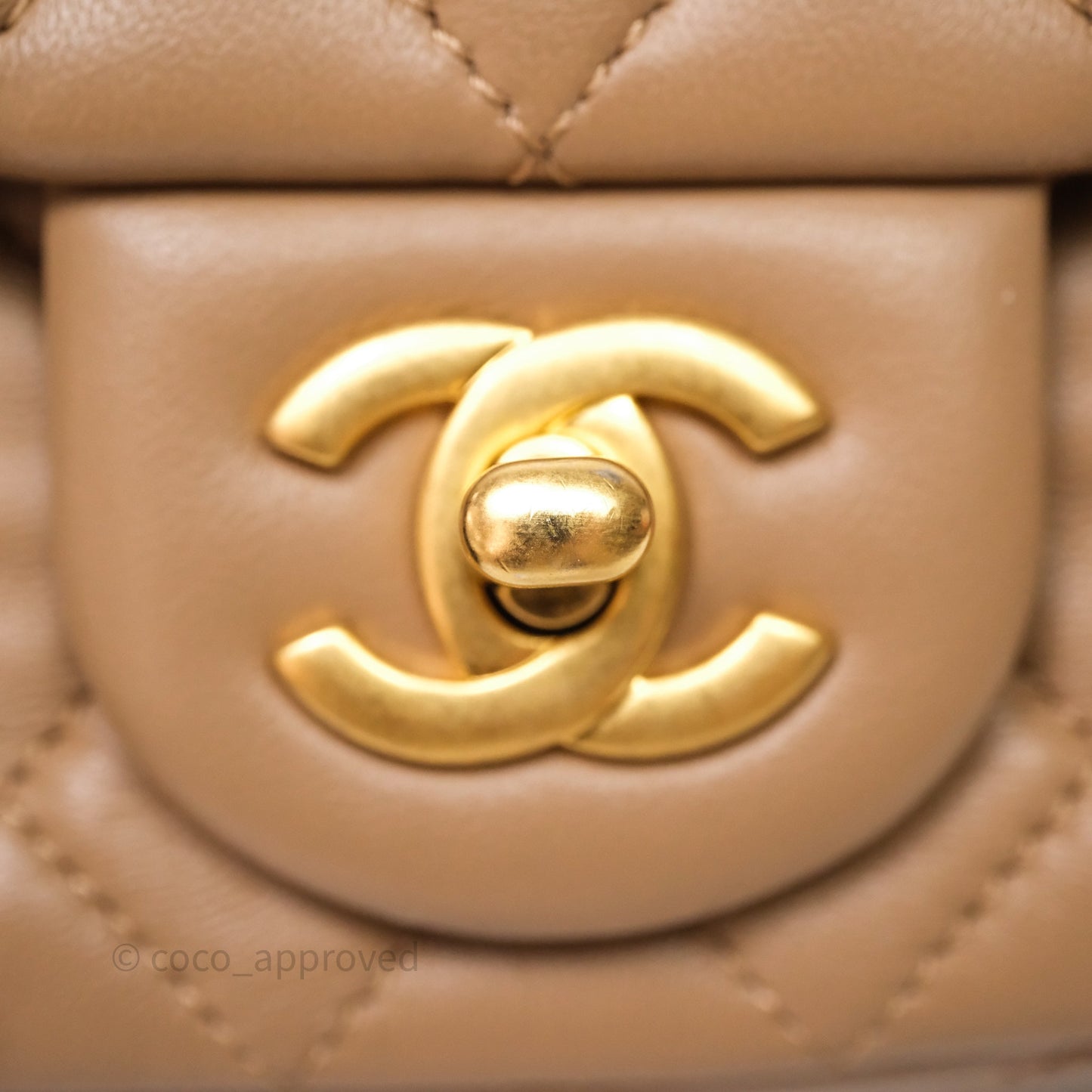 Chanel Mini Rectangular Pearl Crush Quilted Dark Beige Lambskin Aged Gold Hardware