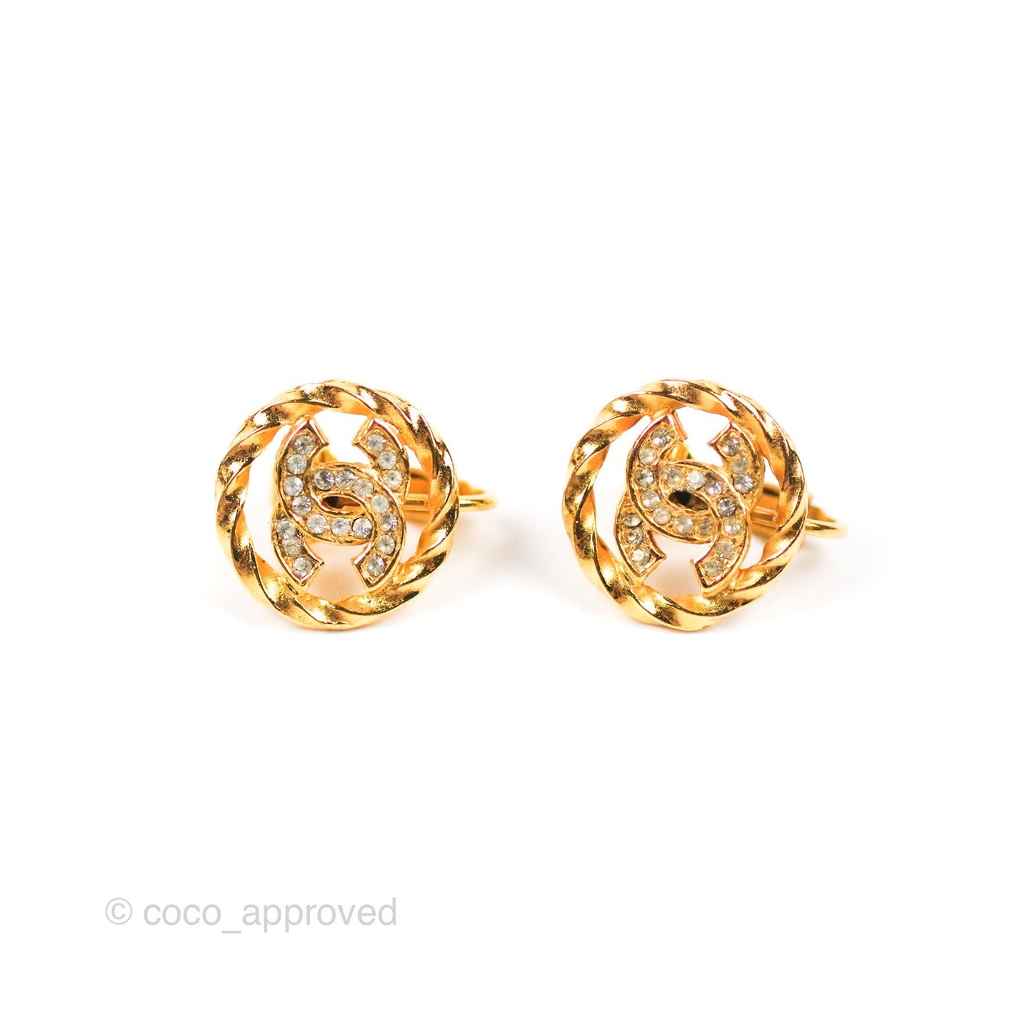 Chanel Vintage Round CC Crystal Ear Clip Gold Tone