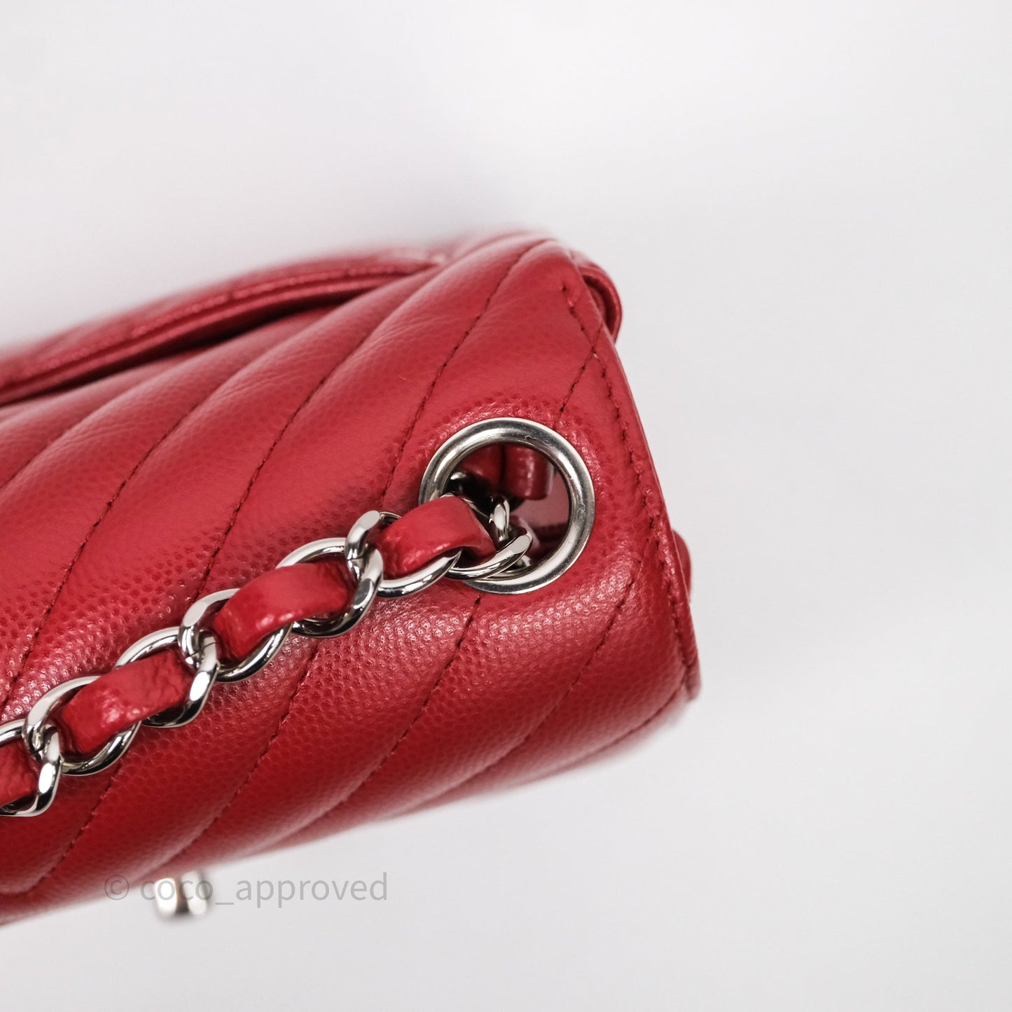 Chanel Mini Square Chervon Red Caviar Silver Hardware