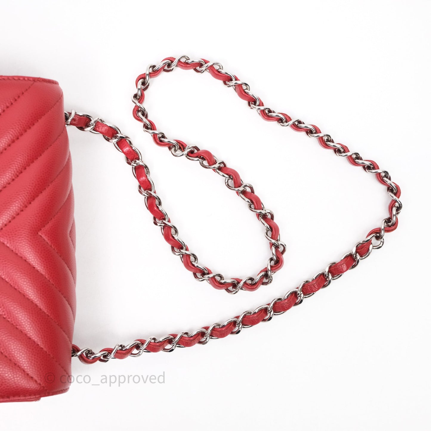 Chanel Mini Square Chervon Red Caviar Silver Hardware
