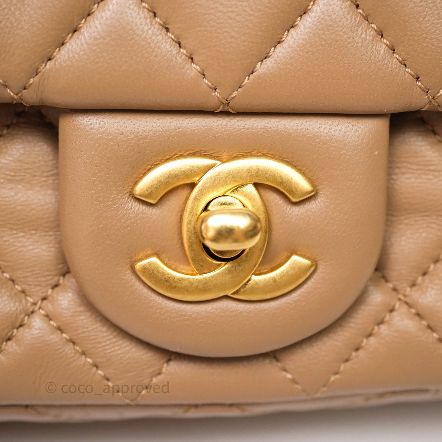 Chanel Mini Rectangular Pearl Crush Quilted Dark Beige Lambskin Aged Gold Hardware