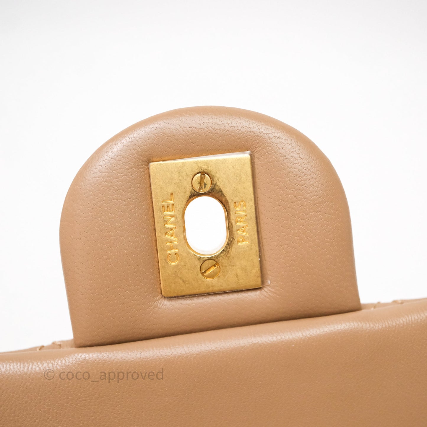 Chanel Mini Rectangular Pearl Crush Quilted Dark Beige Lambskin Aged Gold Hardware