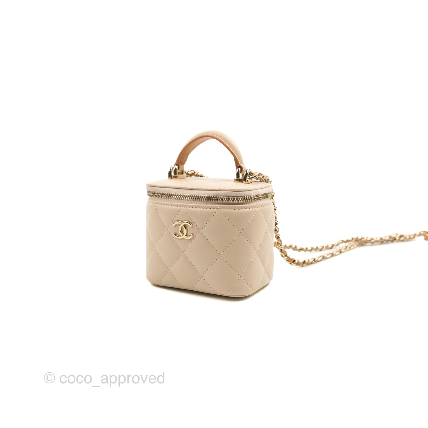 Chanel Mini Top Handle Vanity With Chain Ecru/Beige Lambskin Gold Hardware 23P