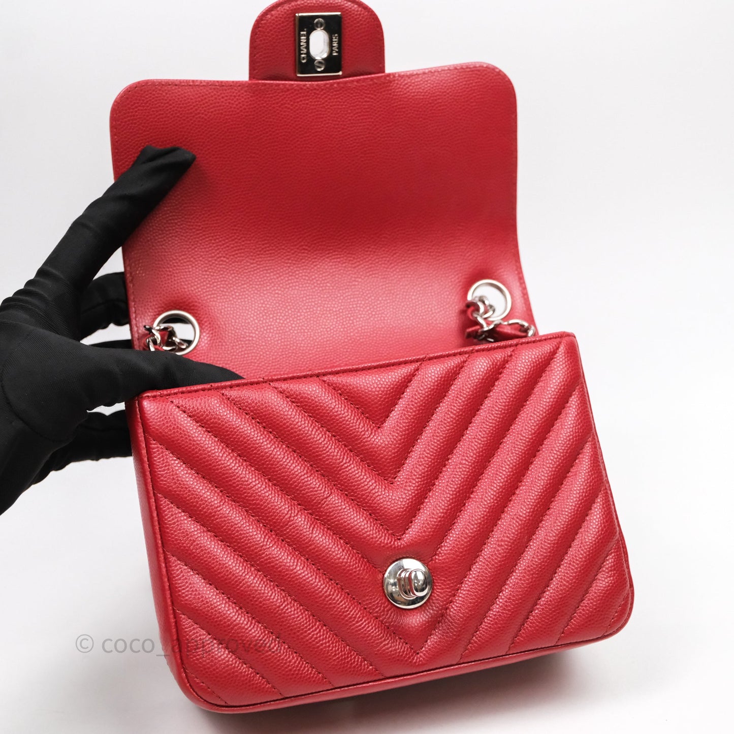 Chanel Mini Square Chervon Red Caviar Silver Hardware