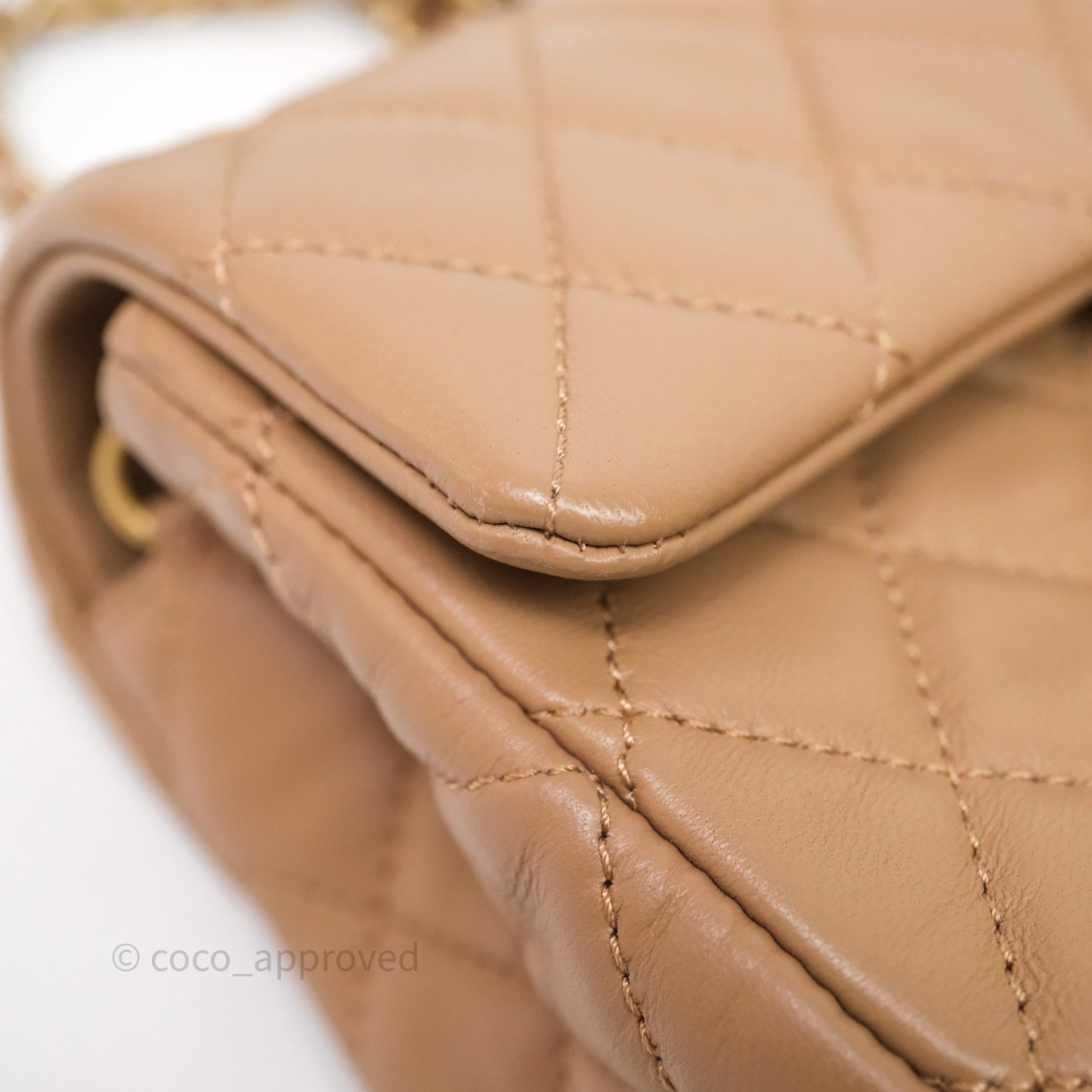 Chanel Mini Rectangular Pearl Crush Quilted Dark Beige Lambskin Aged Gold Hardware