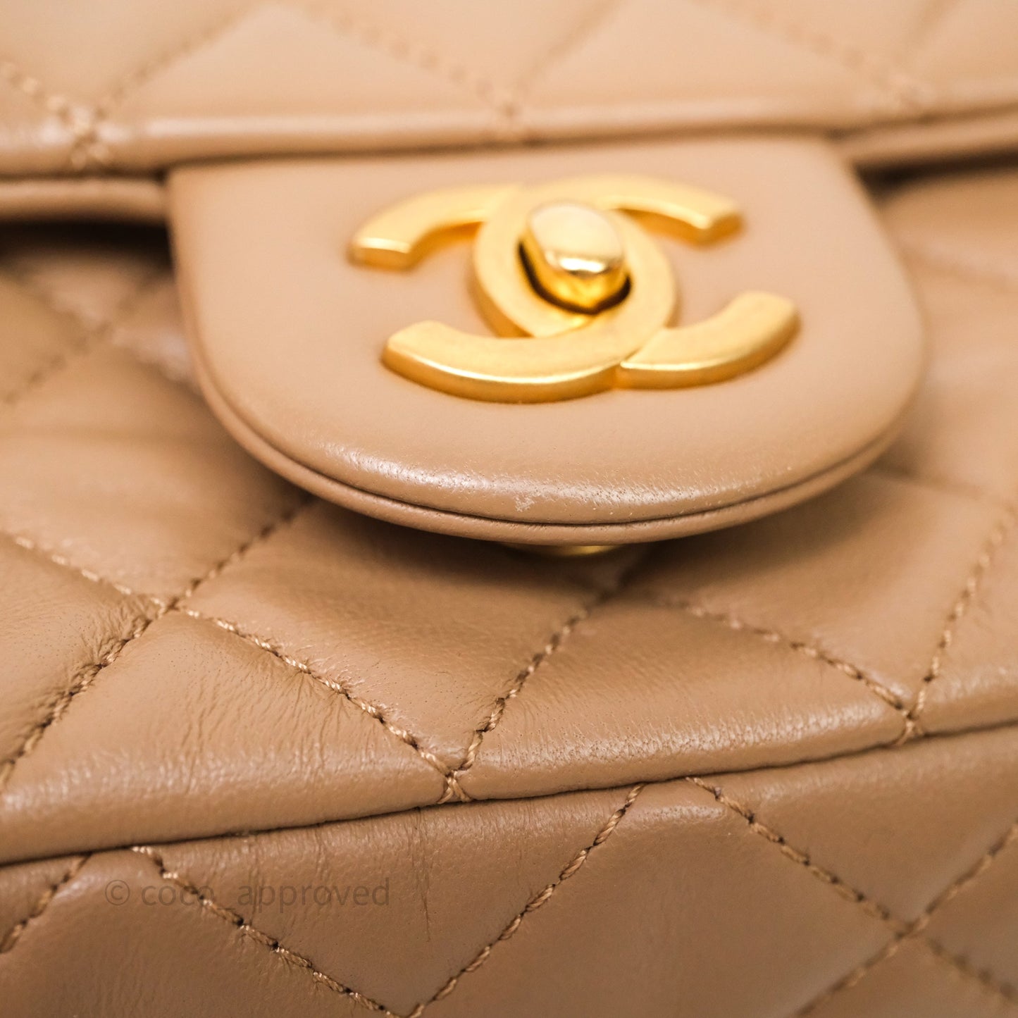 Chanel Mini Rectangular Pearl Crush Quilted Dark Beige Lambskin Aged Gold Hardware