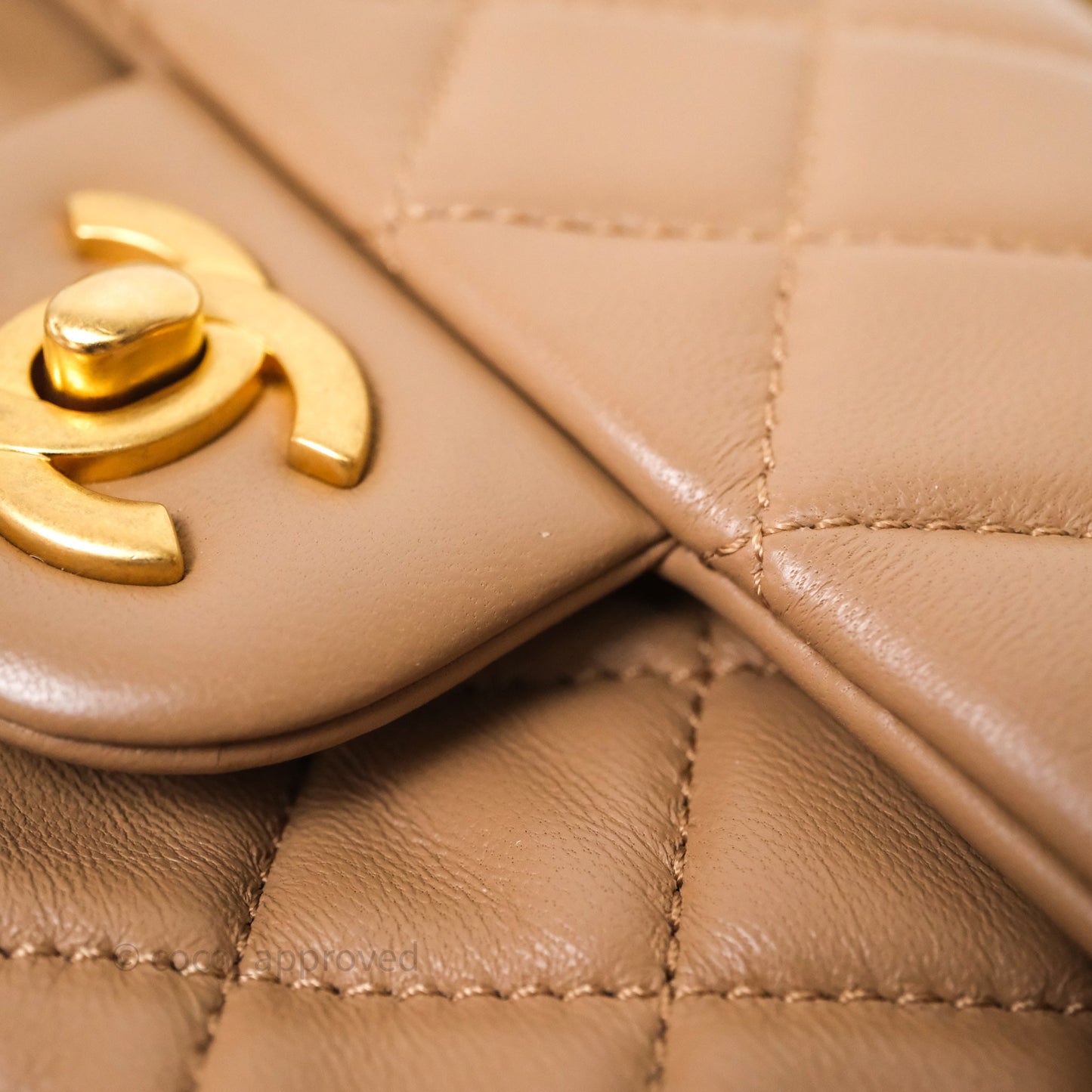 Chanel Mini Rectangular Pearl Crush Quilted Dark Beige Lambskin Aged Gold Hardware