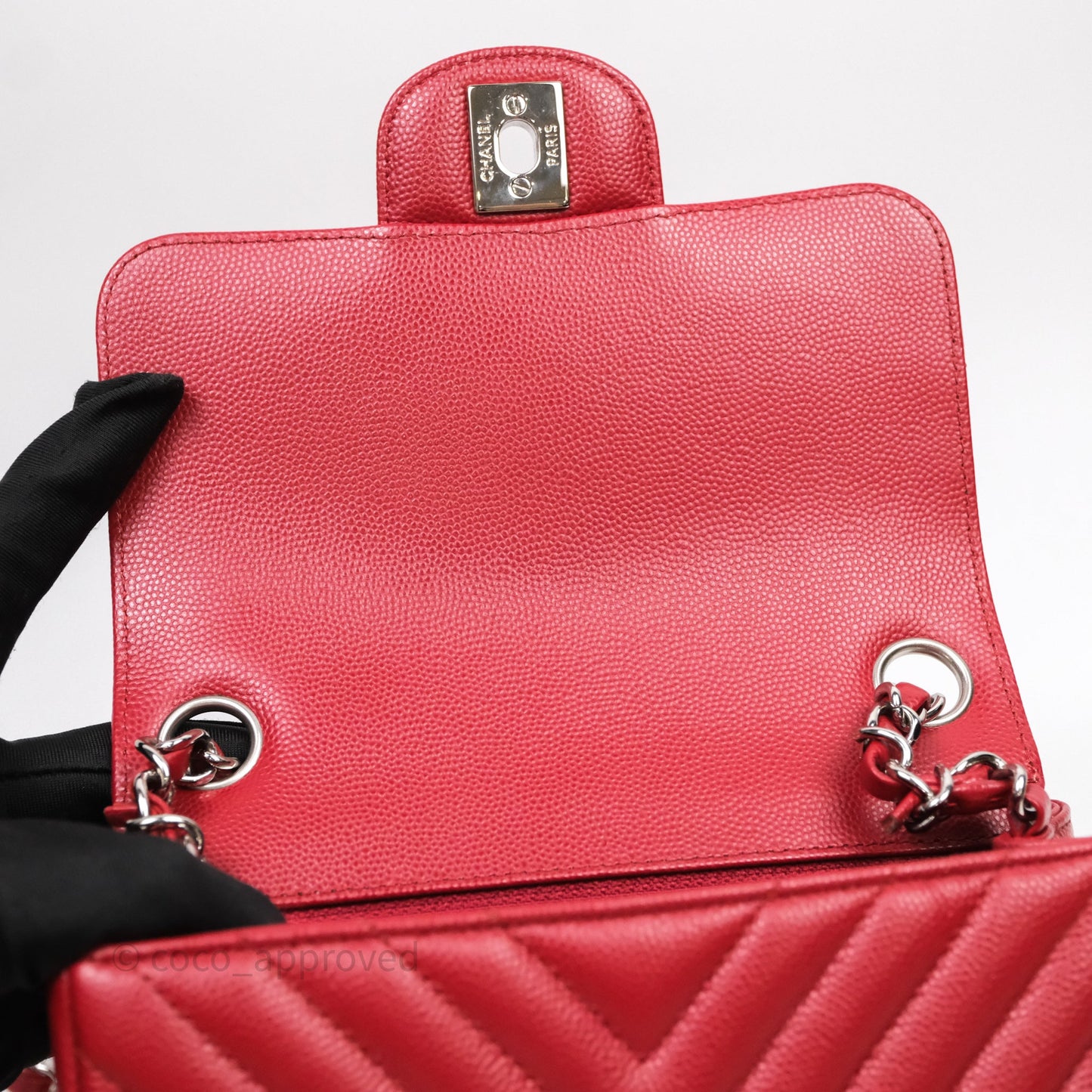Chanel Mini Square Chervon Red Caviar Silver Hardware