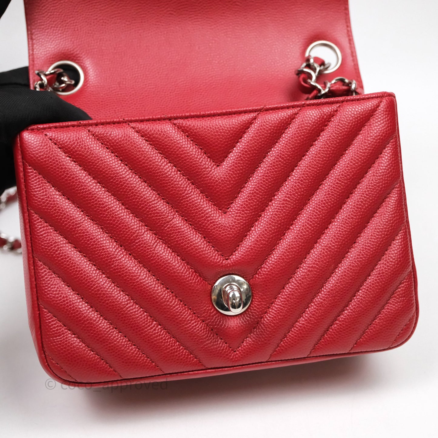 Chanel Mini Square Chervon Red Caviar Silver Hardware