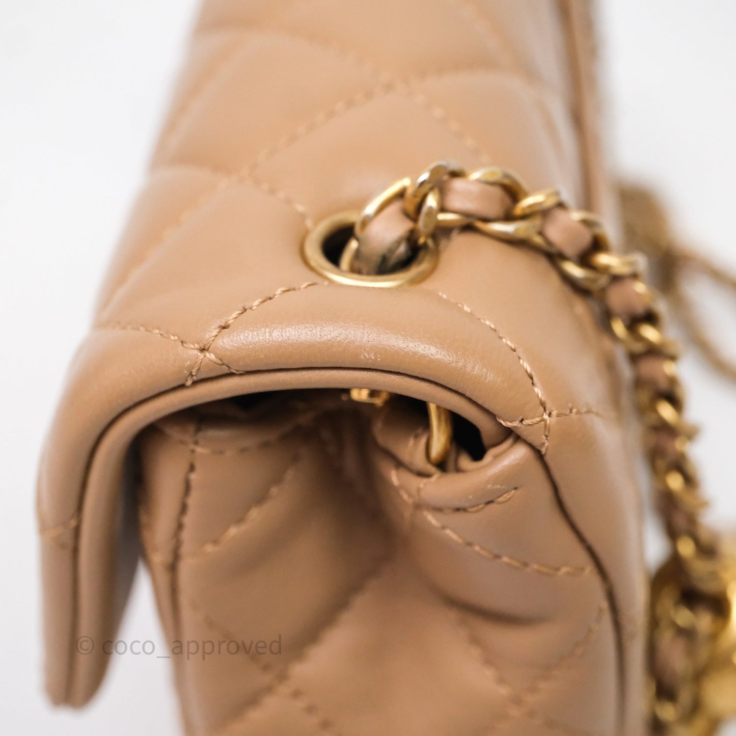 Chanel Mini Rectangular Pearl Crush Quilted Dark Beige Lambskin Aged Gold Hardware
