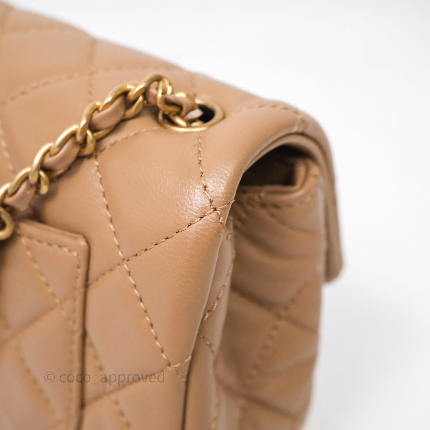 Chanel Mini Rectangular Pearl Crush Quilted Dark Beige Lambskin Aged Gold Hardware