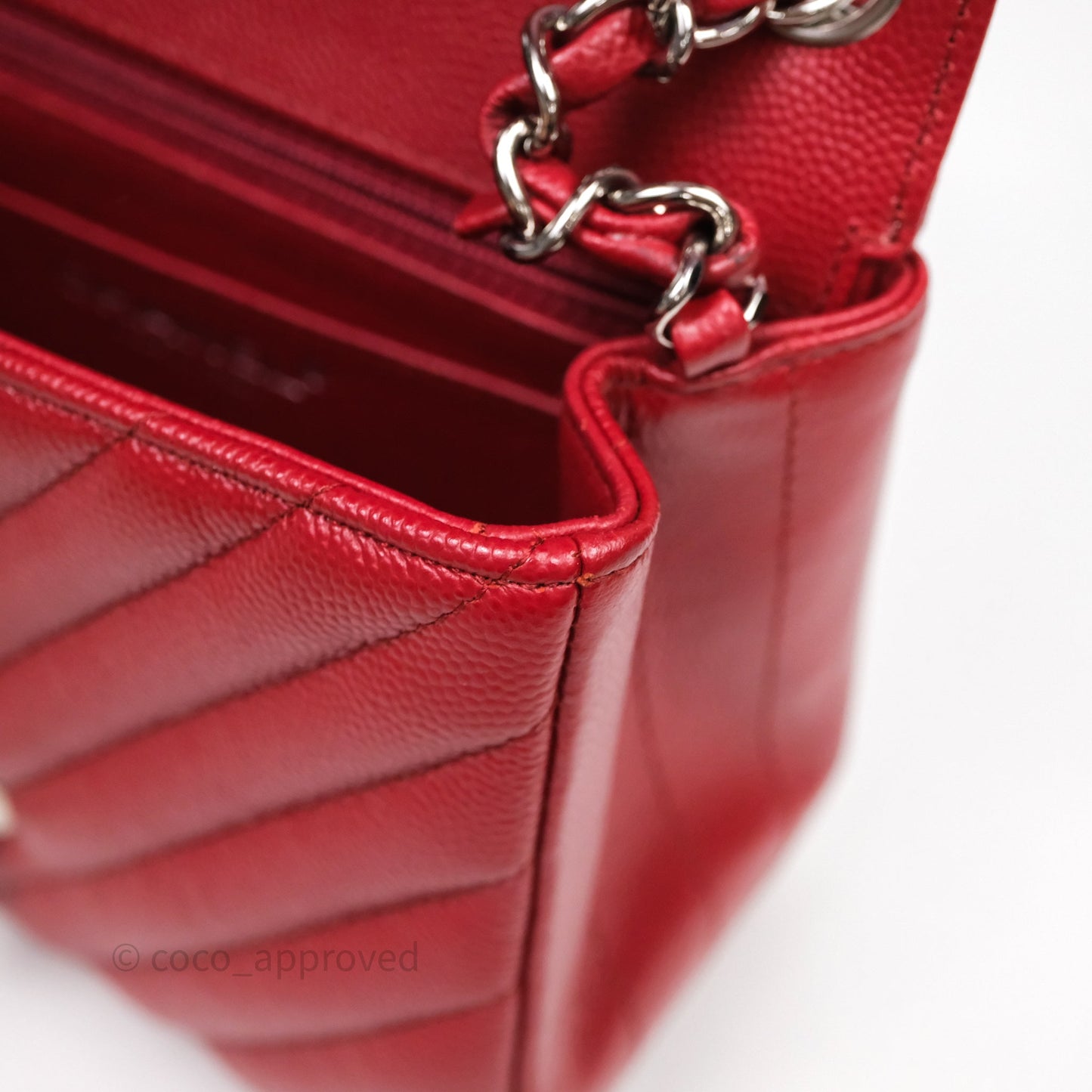 Chanel Mini Square Chervon Red Caviar Silver Hardware