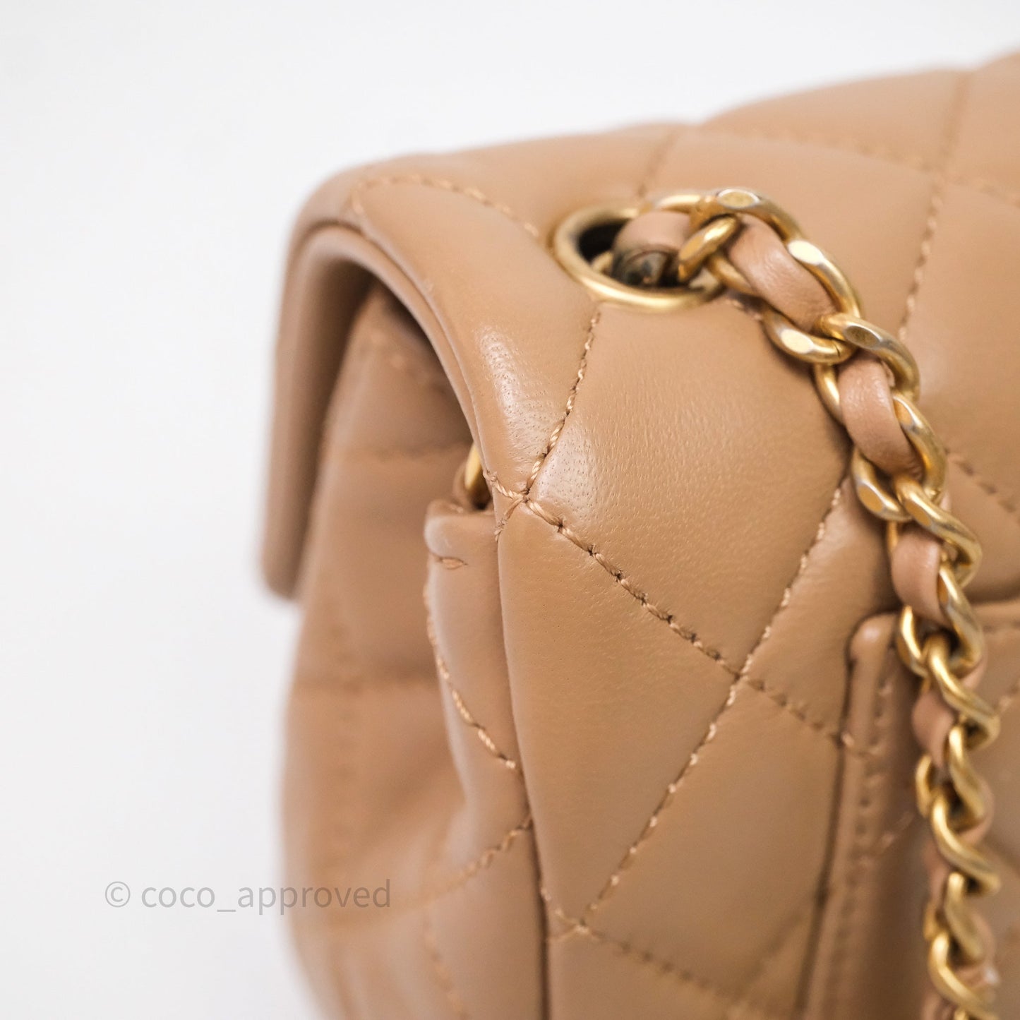 Chanel Mini Rectangular Pearl Crush Quilted Dark Beige Lambskin Aged Gold Hardware
