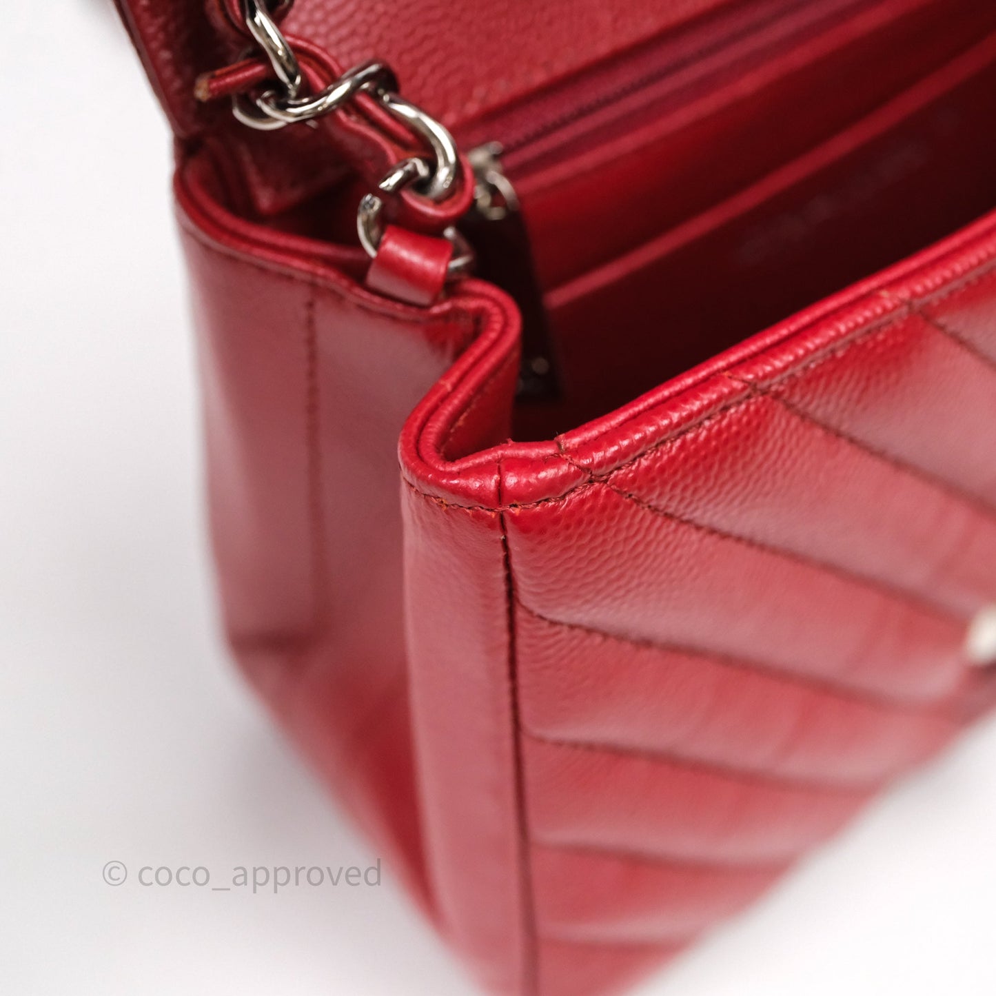 Chanel Mini Square Chervon Red Caviar Silver Hardware