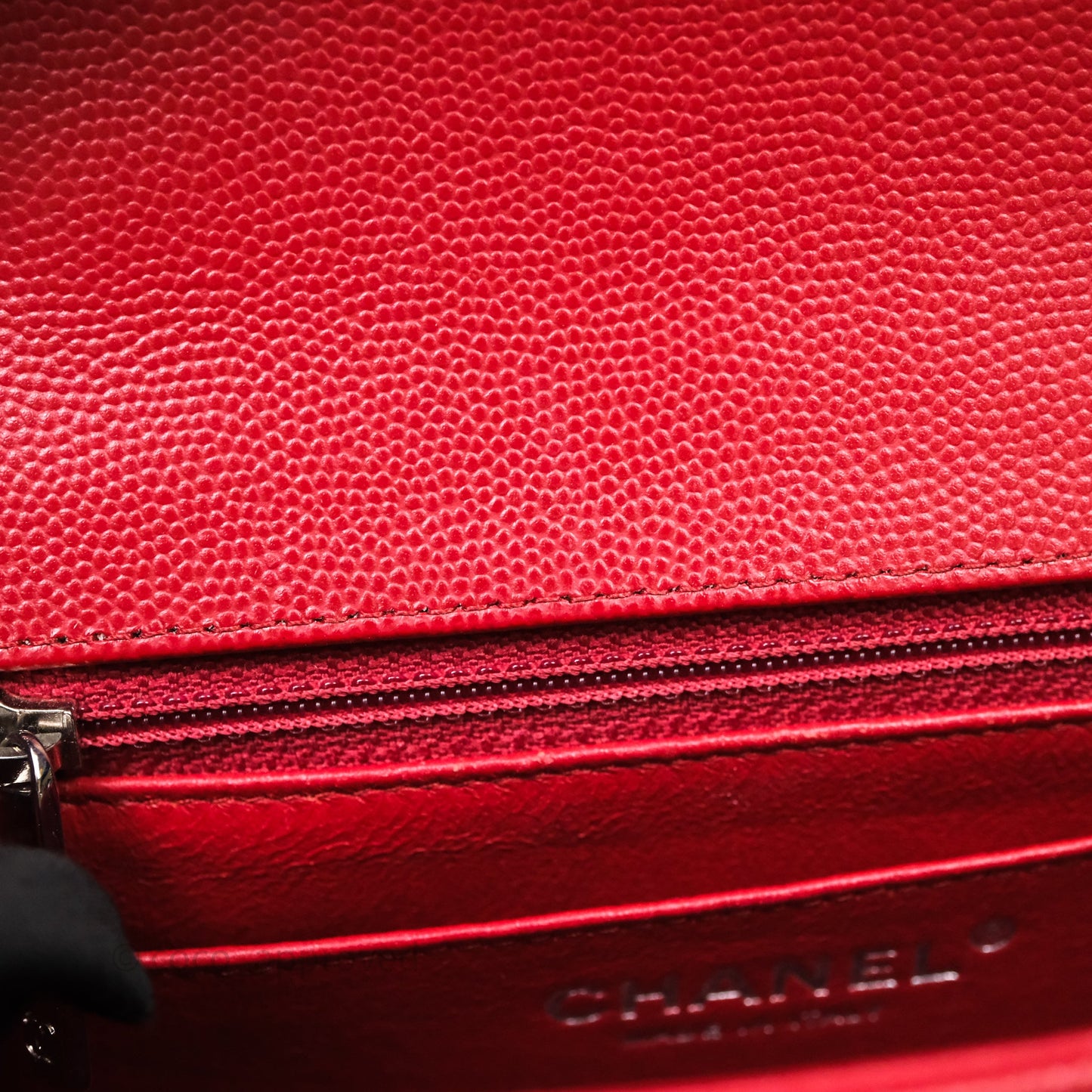 Chanel Mini Square Chervon Red Caviar Silver Hardware