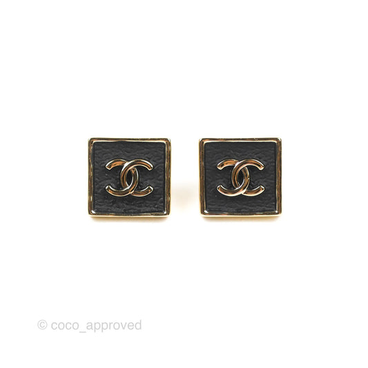 Chanel Black Leather Square CC Earrings Gold Tone 23S