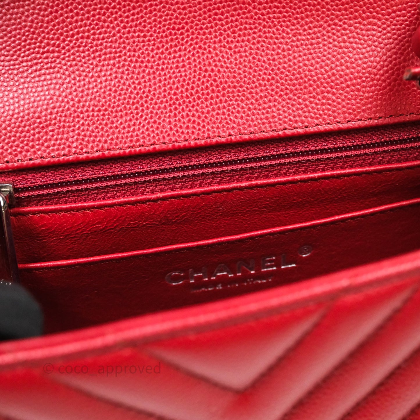 Chanel Mini Square Chervon Red Caviar Silver Hardware