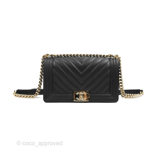 Chanel Chevron Medium Boy Black Calfskin Gold Hardware