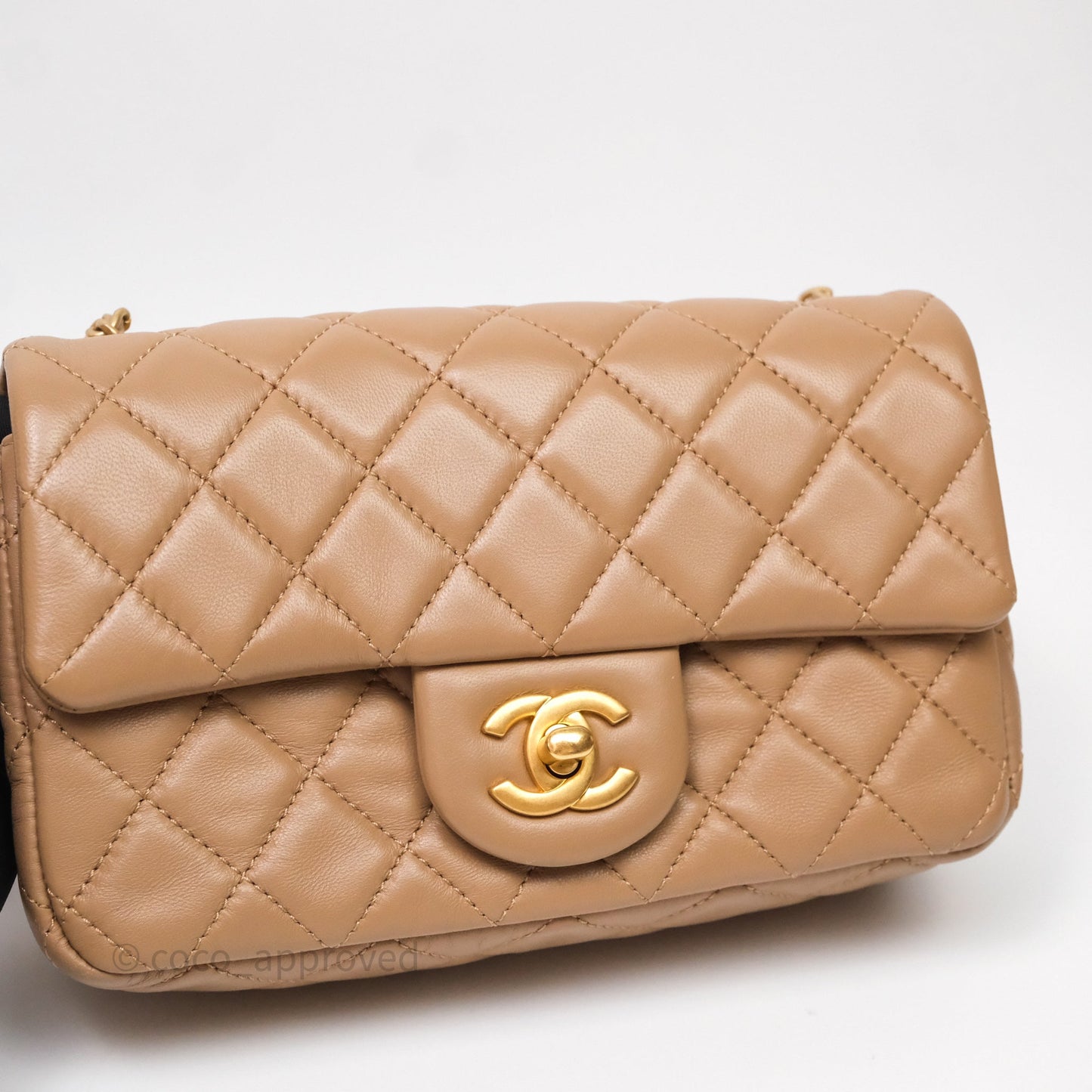 Chanel Mini Rectangular Pearl Crush Quilted Dark Beige Lambskin Aged Gold Hardware