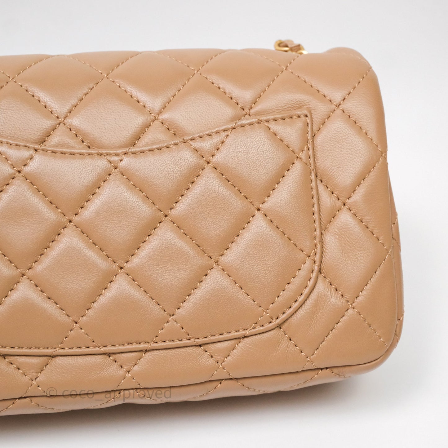 Chanel Mini Rectangular Pearl Crush Quilted Dark Beige Lambskin Aged Gold Hardware