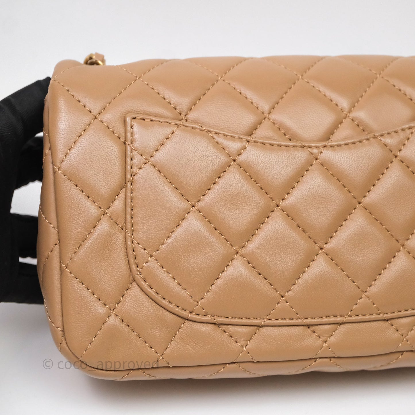 Chanel Mini Rectangular Pearl Crush Quilted Dark Beige Lambskin Aged Gold Hardware