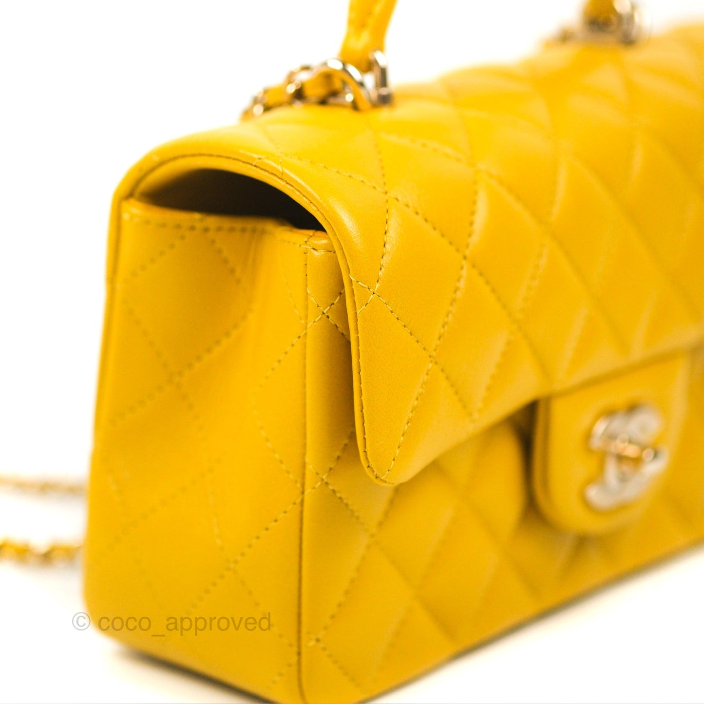 Chanel Top Handle Mini Rectangular Flap Bag Mustard Yellow Lambskin Gold Hardware