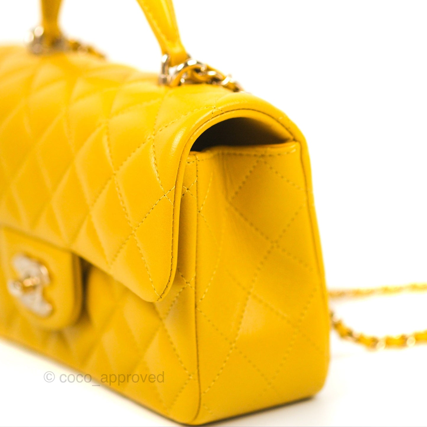 Chanel Top Handle Mini Rectangular Flap Bag Mustard Yellow Lambskin Gold Hardware