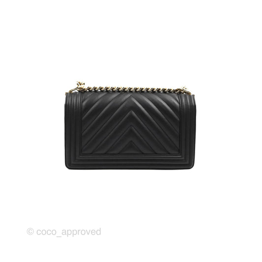 Chanel Chevron Medium Boy Black Calfskin Gold Hardware