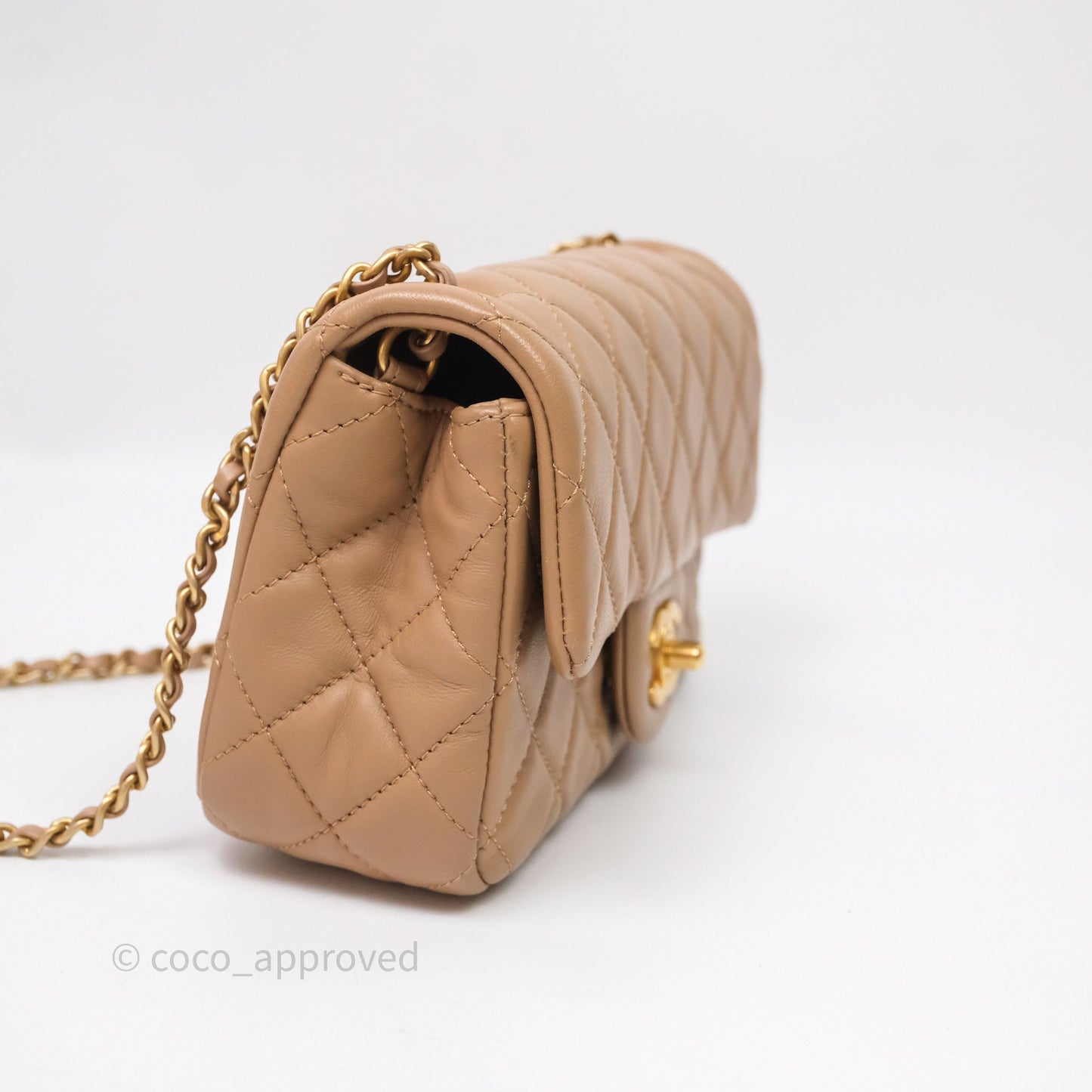 Chanel Mini Rectangular Pearl Crush Quilted Dark Beige Lambskin Aged Gold Hardware
