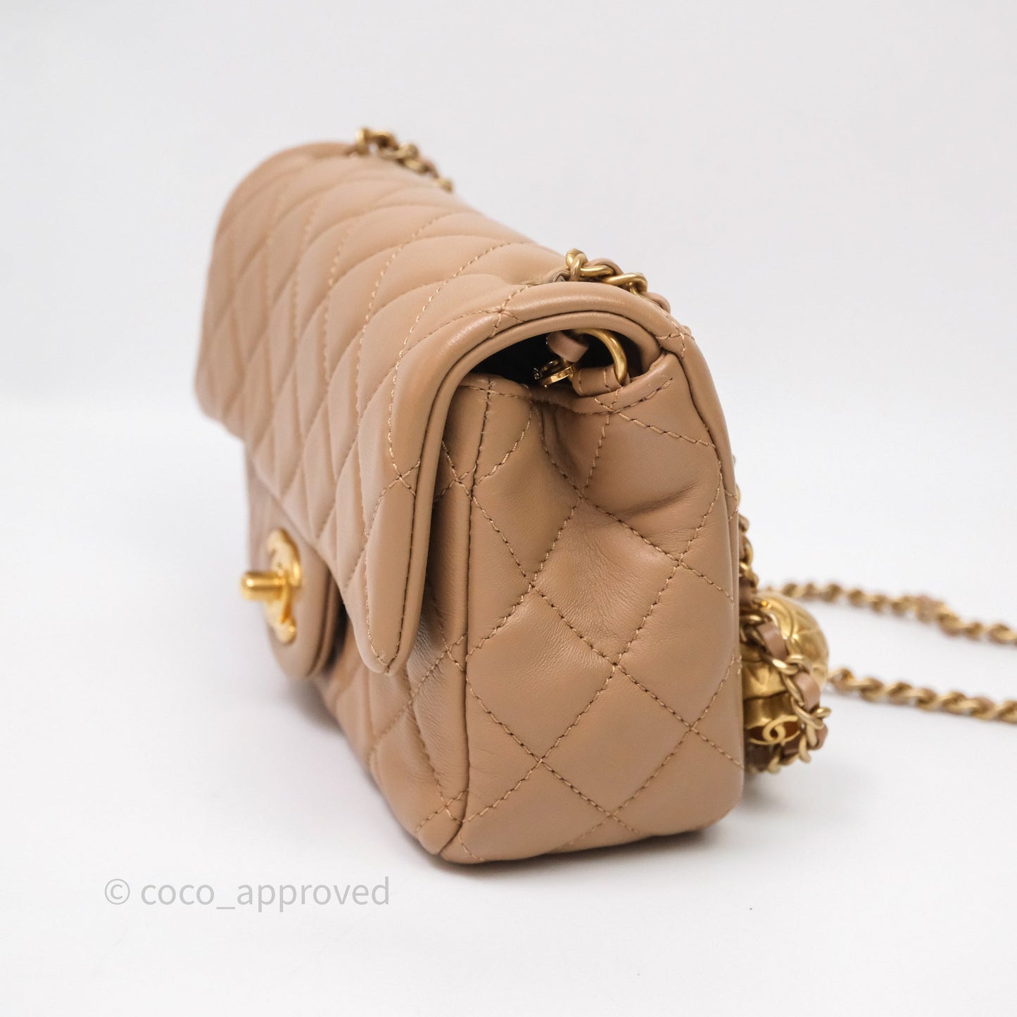 Chanel Mini Rectangular Pearl Crush Quilted Dark Beige Lambskin Aged Gold Hardware