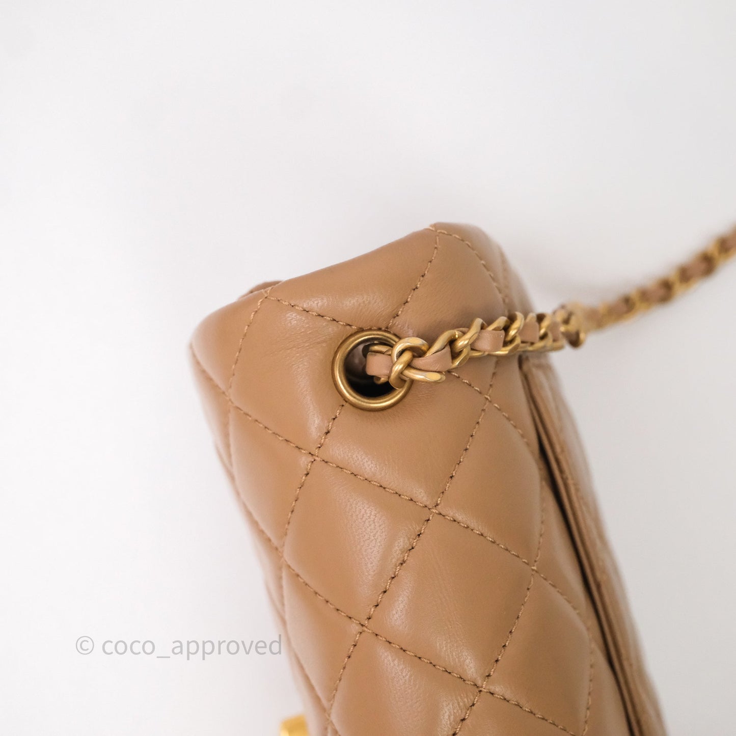 Chanel Mini Rectangular Pearl Crush Quilted Dark Beige Lambskin Aged Gold Hardware