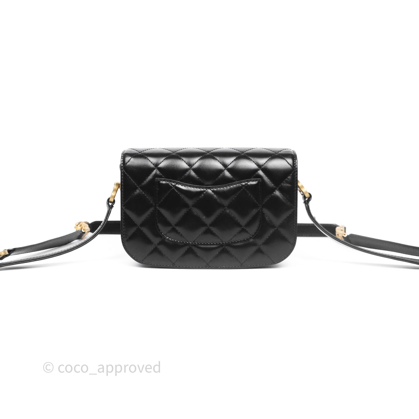 Chanel Quilted Mini Messenger with CC Logo Strap Black Shiny Calfskin/ Suede Goatskin Aged Gold Hardware